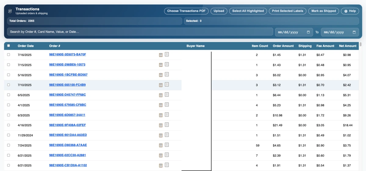Transactions page