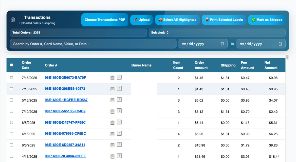 Transactions page